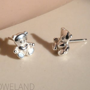 Teddy Bear with Heart Silver Earrings - Dainty 925 Sterling Silver Stud Friction Push Back for Children Girls Women, Animal, Unique, Cute
