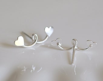 Two Hearts Silver Stud Earrings - Dainty 925 Sterling Silver Stud Friction Push Back Earrings, Love, Gift, Minimalist, Valentines, Cute