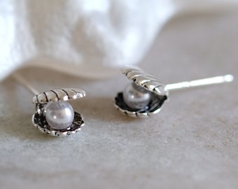 Seashell with Pearl Silver Earrings - Dainty 925 Sterling Silver Stud Push Back Earrings for Children Girls Women, Minimalist, Ocean, Summer