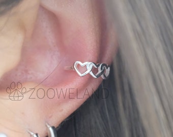 Three Hearts Ear Cuff - 925 Sterling Silver, No Piercing Needed, Wrap Earring, Line, Minimalist, Cute, Unique, Dainty, Modern, Simple, Love