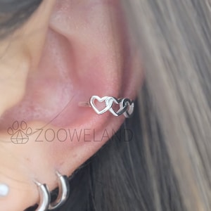 Three Hearts Ear Cuff - 925 Sterling Silver, No Piercing Needed, Wrap Earring, Line, Minimalist, Cute, Unique, Dainty, Modern, Simple, Love