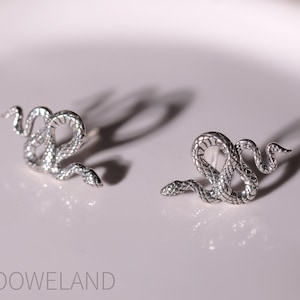 May include: A pair of silver-colored snake-shaped earrings. The earrings are detailed with scales and are positioned on a white surface. The earrings are designed with a curved, coiled shape.