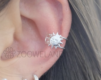 Sun Face Ear Cuff - 925 Sterling Silver, No Piercing Needed, Wrap Earring, Line, Minimalist, Cute, Unique, Dainty, Modern, Simple, Gift