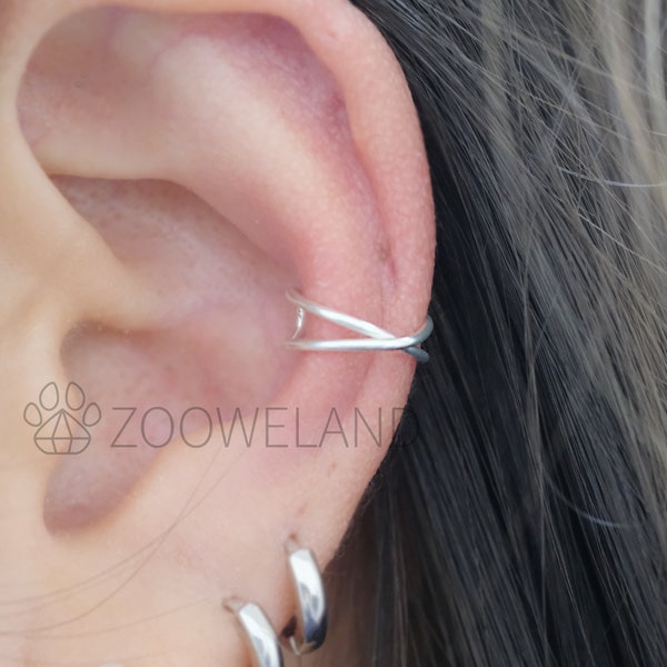 Criss Cross Ear Cuff - 925 Sterling Silver, No Piercing Needed, Wrap Earring, Line, Minimalist, Cute, Unique, Dainty, Modern, Simple