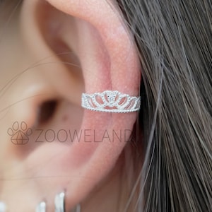 Princess Tiara Ear Cuff with CZ - 925 Sterling Silver, No Piercing Needed, Wrap Earring, Minimalist, Cute, Unique, Dainty, Modern, Crown