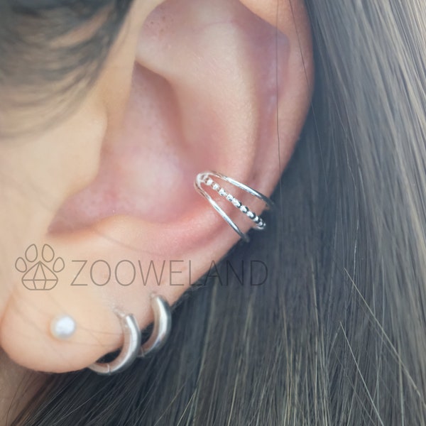 Three Line Ear Cuff - 925 Sterling Silver, No Piercing Needed, Wrap Earring, Bead, Minimalist, Cute, Unique, Dainty, Modern, Plain, Simple