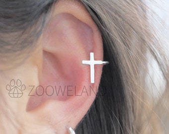 Cross Ear Cuff - 925 Sterling Silver, No Piercing Needed, Wrap Earring, Line, Minimalist, Cute, Unique, Dainty, Modern, Simple, Christianity