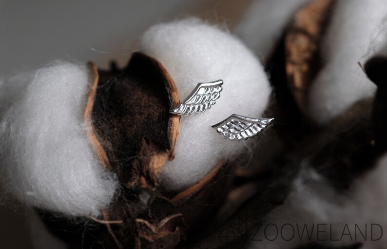 May include: A pair of silver wing-shaped stud earrings. The earrings are set against a backdrop of white cotton and brown seed pods. The earrings feature detailed feather-like designs.