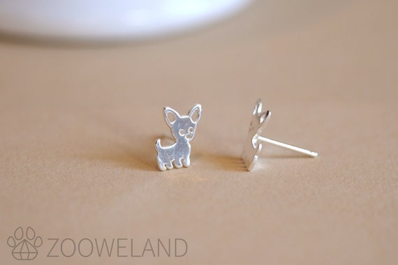 Chihuahua Dog Silver Earrings - Dainty 925 Sterling Silver Stud Friction Push Back, Minimalist, Cute, Gift Idea, Animal, Cute, Dog Lover