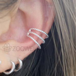 Three Rope Line Ear Cuff - 925 Sterling Silver, No Piercing Needed, Wrap Earring, Minimalist, Cute, Unique, Dainty, Modern, Plain, Simple