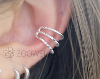 Three Rope Line Ear Cuff - 925 Sterling Silver, No Piercing Needed, Wrap Earring, Minimalist, Cute, Unique, Dainty, Modern, Plain, Simple