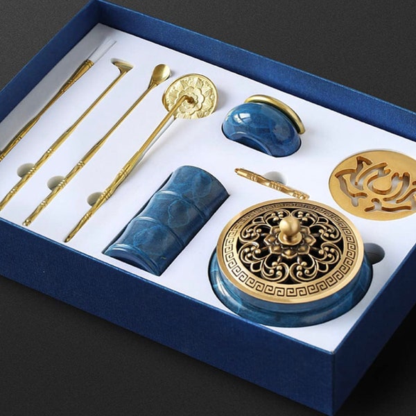 Brass BLUE Incense Burner Making Kit 9 Pcs Set High Quality As seen on TikTok Thoughtful Luxury Wedding Home Healing ZEN Meditation Gift Box