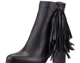 Christian Louboutin Jimmynetta Black Calfskin Leather Fringe Ankle Chelsea Boot