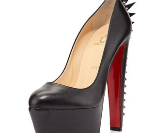 CHRISTIAN LOUBOUTIN Electropump Black Napa Leather Platform Spiked Red Sole Pump