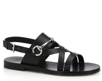 GUCCI Juliette Black Leather Horsebit Open Toe Flat Strappy Summer Sandals 38.5