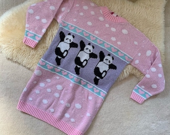 Vintage Adele Panda Hearts Bubble Knit Kawaii Fairy Kei Pastel Sparkly Sweater