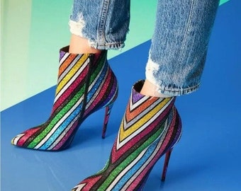 Christian Louboutin RARE So Kate Glitter Rainbow Ankle Striped Booty Booties 41