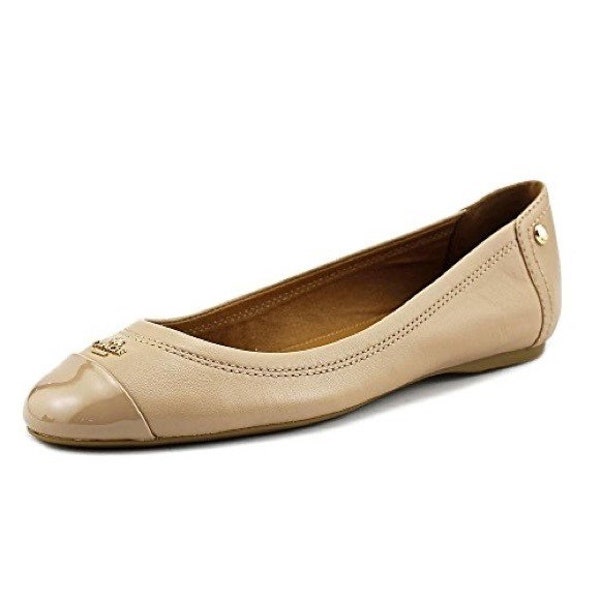 Coach Beige Tan Cap Toe Logo Career Leather Flats