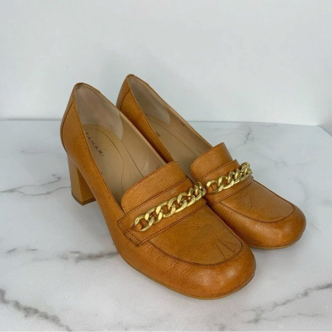 Tahari Chunky Heel Gold Chain Lulu Caramel Brown Loafers 9 Etsy
