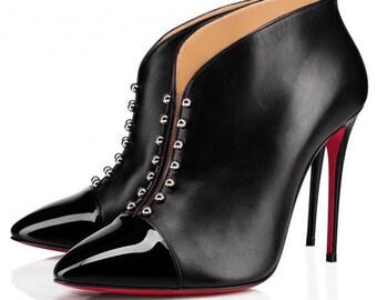 Christian Louboutin Preduboot Black Leather Studded Ankle Booties Boots 100 36.5