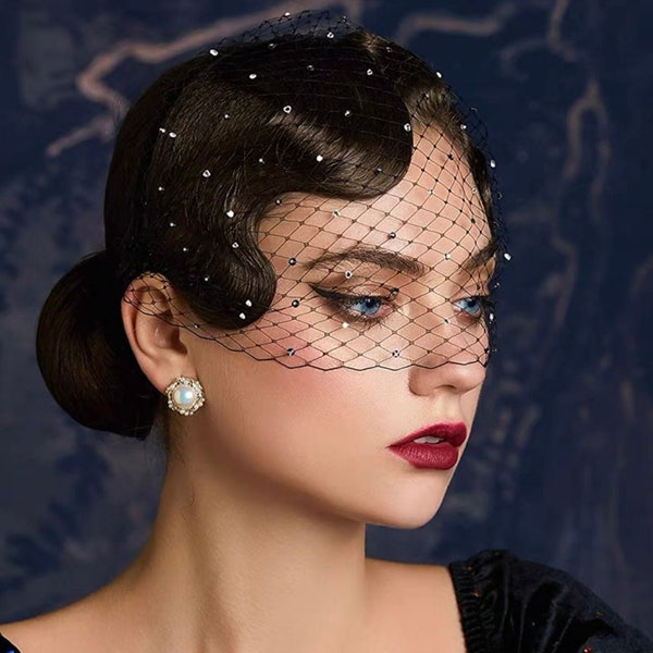 Vintage Inspired Black Birdcage veil with Rhinestones headband- British Veil headband French Classic headwear - Women Wedding Accessories