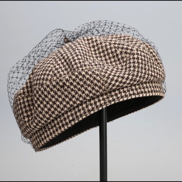 Houndstooth Veil British Painter's Fishermans Beret Hat - French Classic Beret Hat - Womens Hat