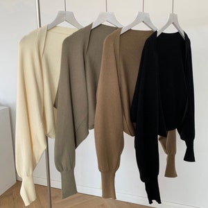 BOLERO WOOL BLEND Oversized Knitted Sweater Cardigan Women Winter Sweater  Shawl with sleeves Minimalistic Cropped Autmn Open Wrap Sweater