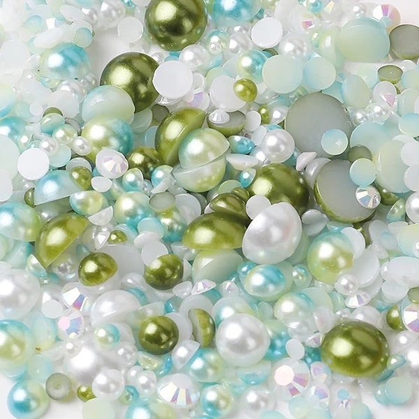 35Gram Mixed Colors and Size 3/4/5/6/8/10mm Flatback Faux  Half Round Pearls and Resin Rhinestones Imitation Pearl Beads