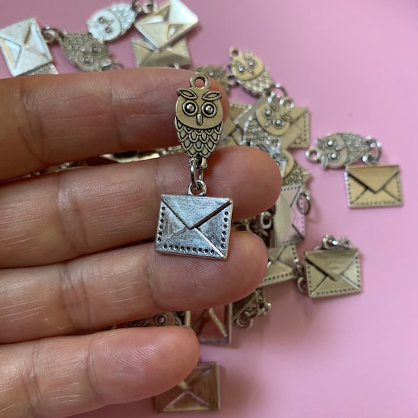 5 Owl Charm Bulk, Owl with Envelope Charm Set, Antique SIlver Owl Pendant Lot, HP Charm, Necklace Keychain Bracelet Wizard Charm Wholesale