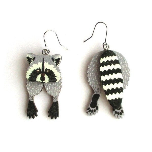 Raccoon earrings - head and tail earrings, raccoon jewellery, cute earrings, fun jewellery, unusual animal earrings, sweet animal jewellery