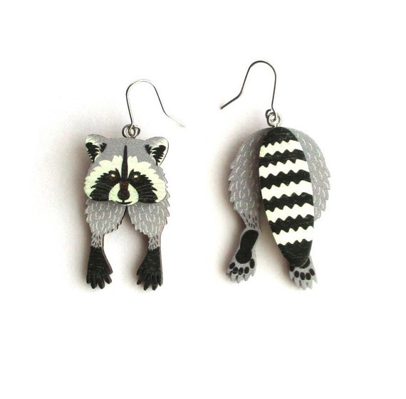 Raccoon Earrings Head and Tail Earrings, Raccoon Jewellery, Cute Earrings,  Fun Jewellery, Unusual Animal Earrings, Sweet Animal Jewellery 