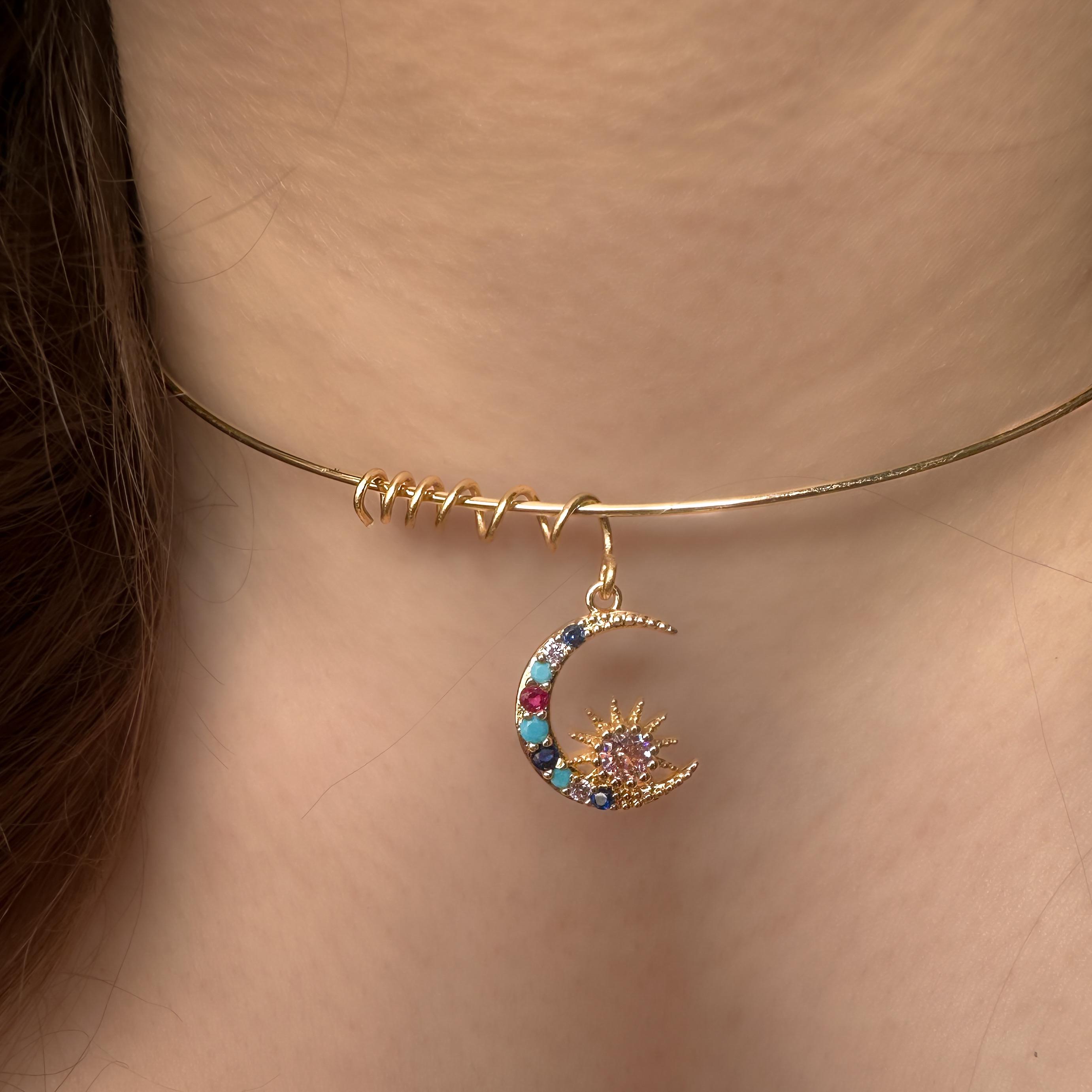 Collana da donna in argento 925 con pendente luna stelle con zirconi intarsiati