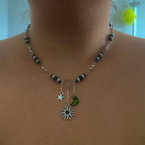 Moss Agate Necklace with Stainless Steel Pendants – Sun, Moon & Star – Handmade Boho Jewelry – Gemstone Necklace