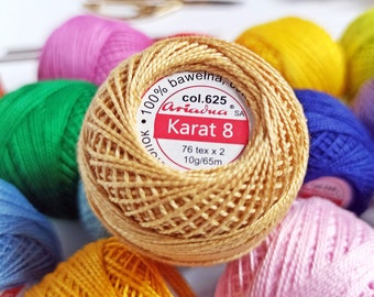 Hilo de crochet de algodón KARAT, tamaño 8, colores intensos y sorprendentes / 65 m / 54 colores