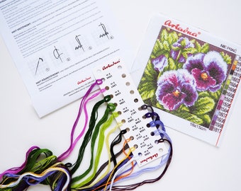 PANSY Embroidery Set Kit, Canvas mit Markierung und Baumwollfäden