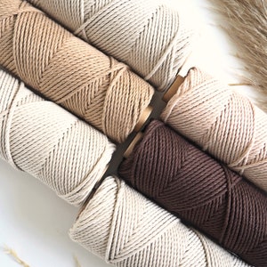 Può includere: Cinque bobine di corda di cotone in varie tonalità di marrone, beige e crema. Le bobine sono disposte in un cerchio su una superficie bianca.