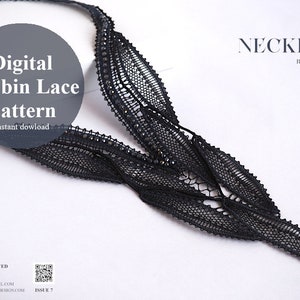 May include: A black bobbin lace necklace with a delicate, openwork design. The necklace is displayed on a white background. Text on the image reads "Digital Bobbin Lace Pattern" and "NECKLACE BLACKVETYVER".