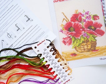 FLOWERS IN VASE Embroidery Set Kit, Leinwand mit Markierung und Baumwollfäden