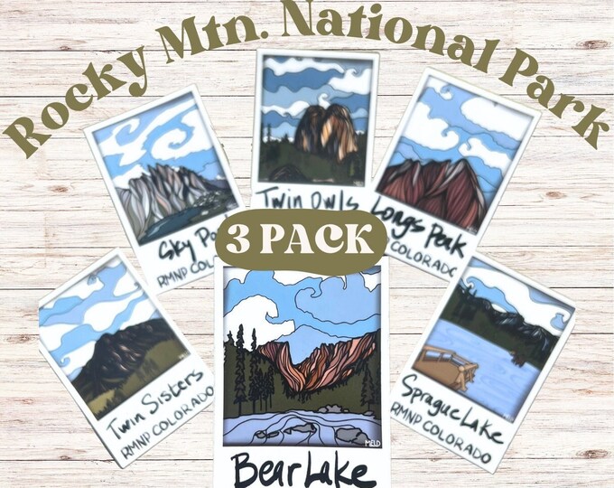Featured listing image: Sticker pack of 3 Rocky Mountain National Park.  Durable weather proof vinyl stickers perfect for water bottles and laptops