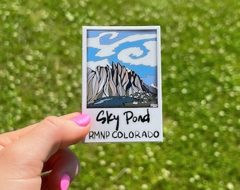Sticker of Sky Pond RMNP.  Durable weather proof vinyl stickers perfect for water bottles and laptops