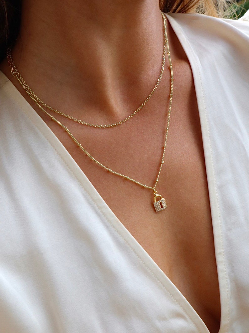 Lock Necklace Set golden lock gold necklace set jewelry set jewellery set gold chains dainty jewellery boho image 1