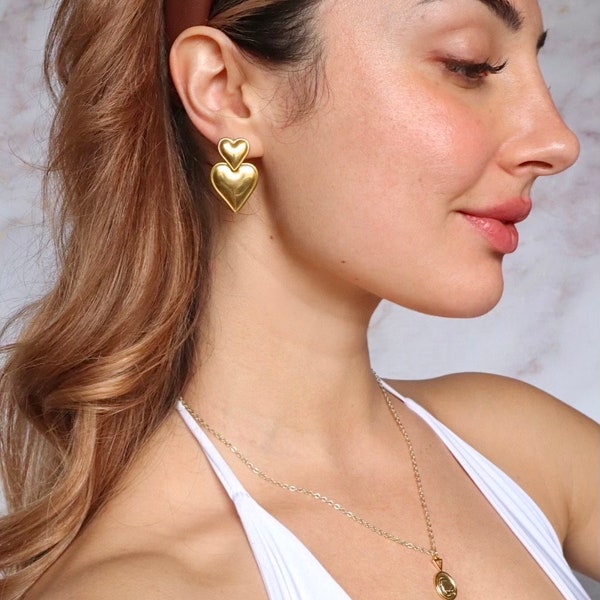 Lover Girl Earrings • Double heart Earrings • gold statement jewelry • women statement jewelry • gifts for her •gold earrings chunky jewelry