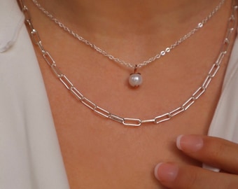 Perlen Halskette Set • Perlen Choker • Perlen Anhänger Schicht • Geschenk für sie • Geschenkset • minimalistisch • Schönheit • zierliche • Silber Papierclip