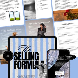 May include: A digital marketing ebook titled "The Selling Formula" with a step-by-step guide to selling digital products. The image includes a tablet, smartphone, and printed pages with text and graphics. The ebook is 40 pages.
