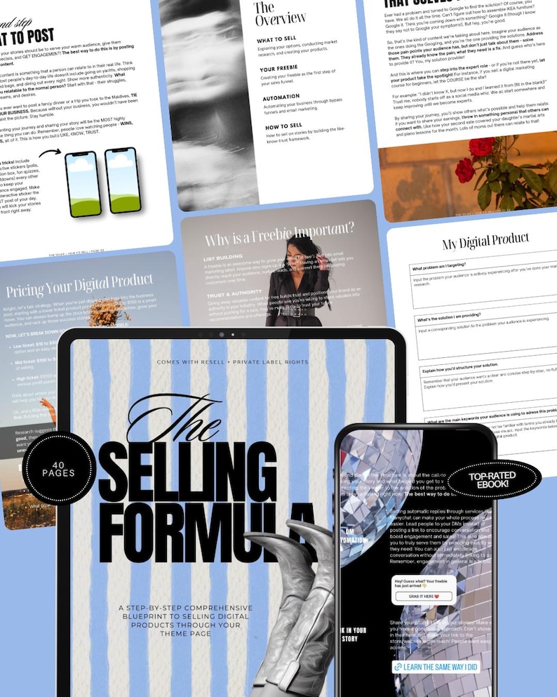 May include: A digital marketing ebook titled "The Selling Formula" with a step-by-step guide to selling digital products. The image includes a tablet, smartphone, and printed pages with text and graphics. The ebook is 40 pages.