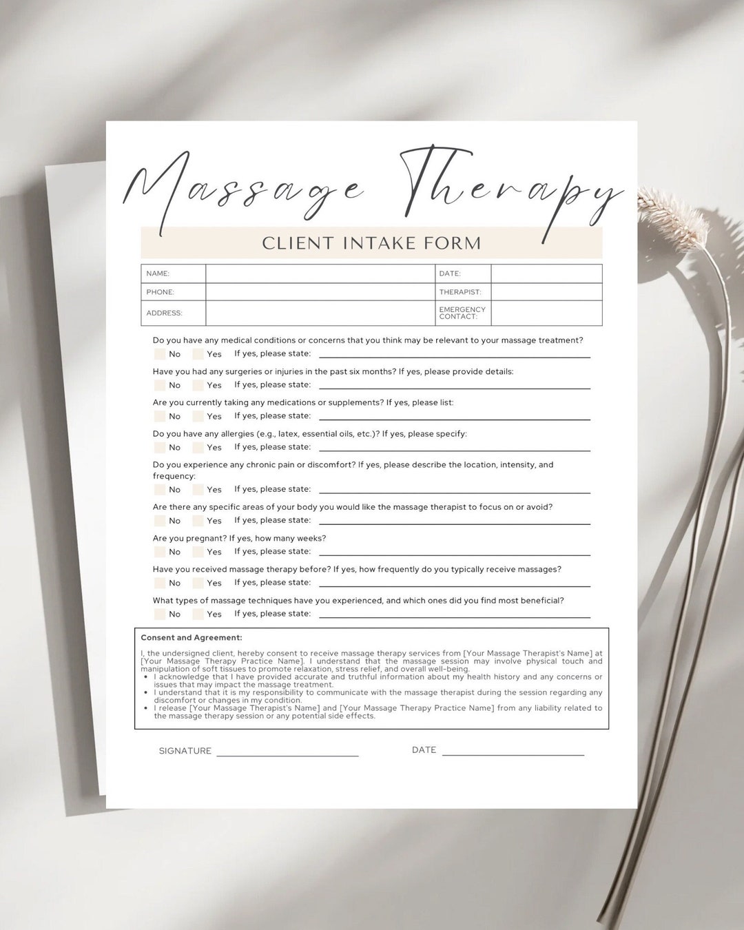 Editable Massage Client Intake Form | Spa & Therapist Consultation (PDF ...