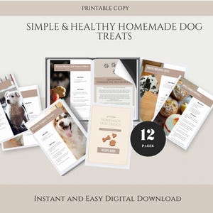 May include: A digital download of a 12-page recipe book for homemade dog treats. The book features a variety of recipes, including cheese and apple bites, peanut butter and banana bites, and sweet potato and cinnamon bites. The book is designed to be easy to follow and includes photos of the finished treats.