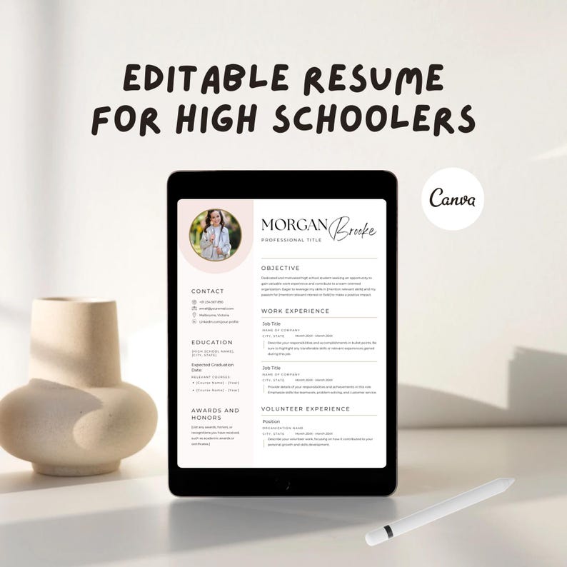 High school student resume template digital download for teens applying for their first job, featuring a professional and easy to customize resume design for students with little or no work experience.