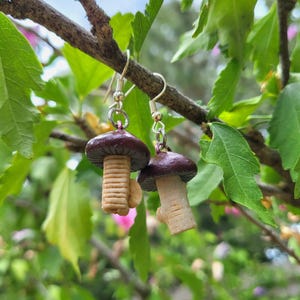 May include: A pair of mushroom-shaped earrings with brown caps and cream-colored stems. The earrings are hanging from silver hooks.
