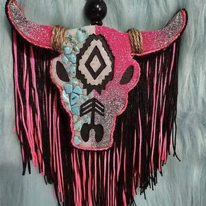 Ombre Bull Skull Car Freshie with pink and black fringe